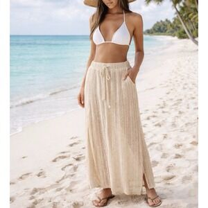 C&C California Beige Knit Crochet Long Skirt Swim Cover-up Slits Sz M Beach